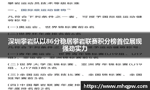 深圳攀岩队以86分稳居攀岩联赛积分榜首位展现强劲实力